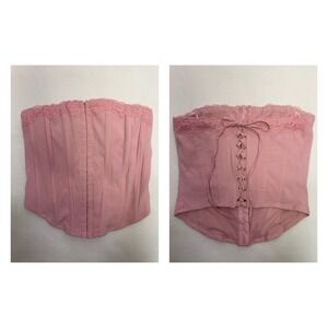 Pink Lace Trim Corset Top Strapless Boned‎ Bustier Crop Top Coquette